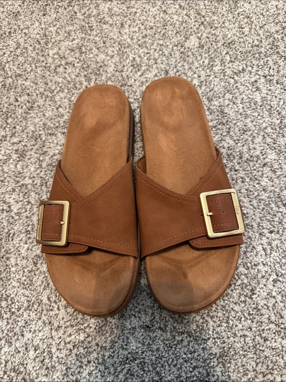 Women’s Tan Slide Sandals with Buckle